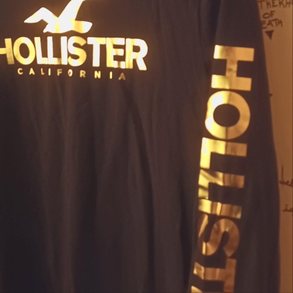 HOLLISTER Apotheosis Black mid-cut t-shirt with vibrant Gold lettering.